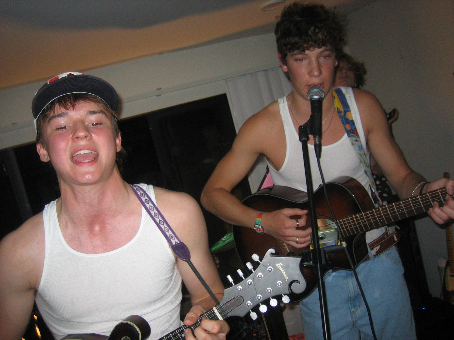 Mandolin and acoustic guitar duo singing together at a house party