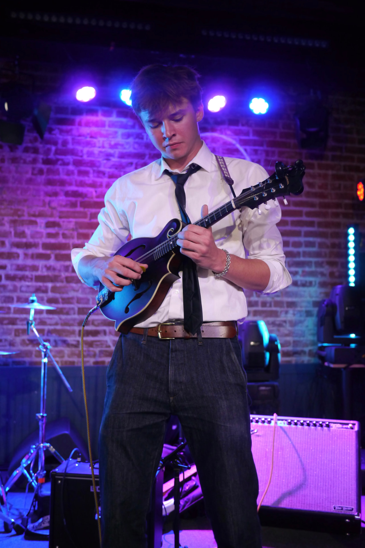 Mandolin player under purple stage light against a brick wall
